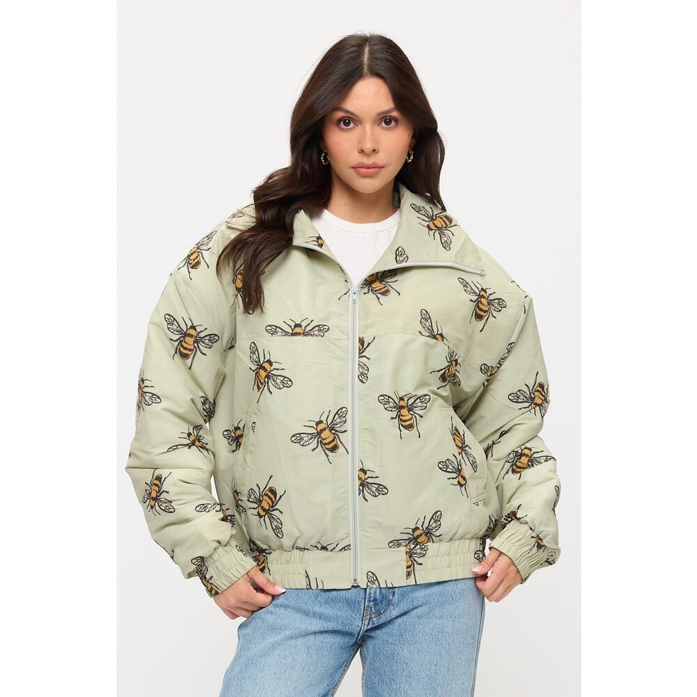 SM Wardrobe Size M/L Light Green Bumble Bee Print Bomber Jacket